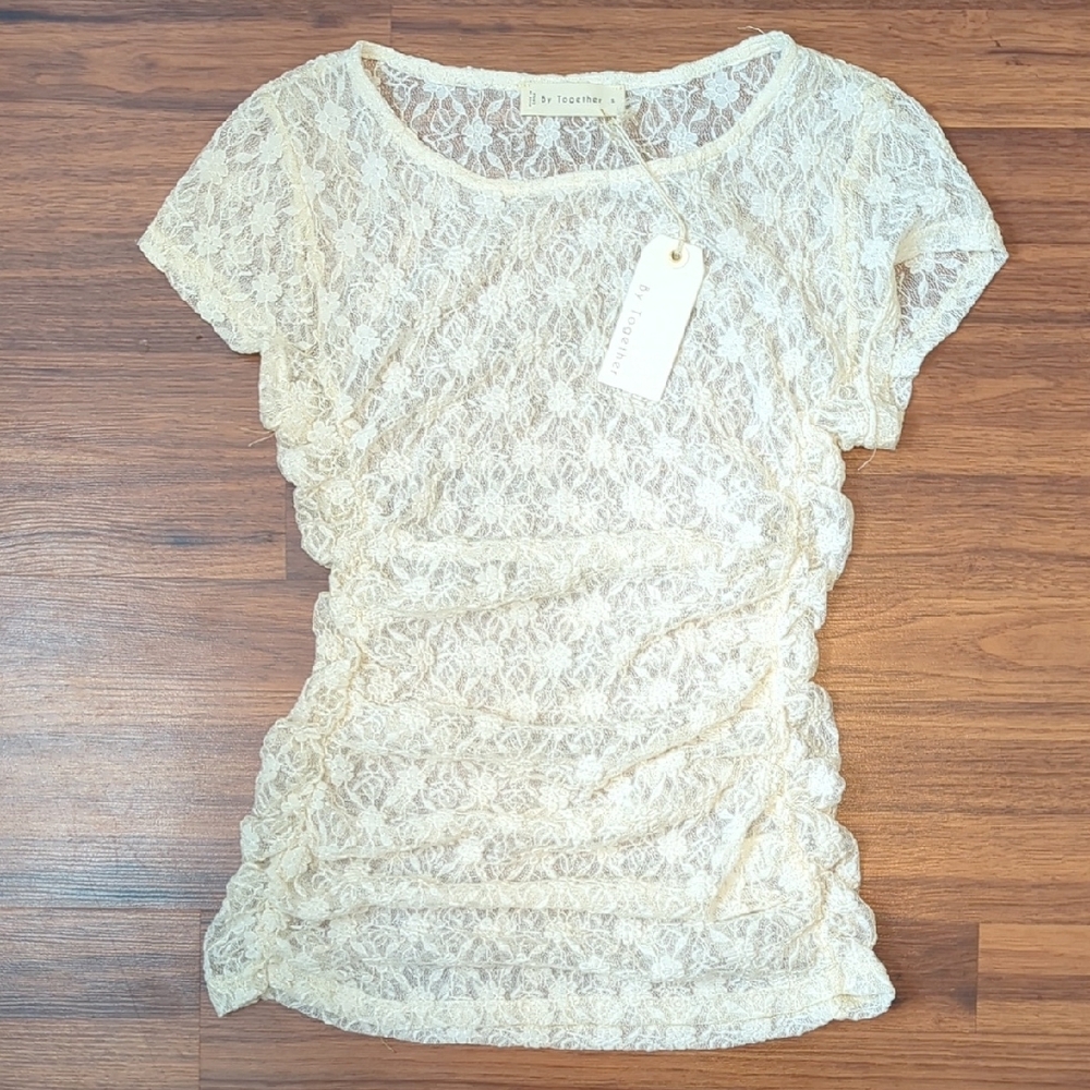 By Together Floral Lace Ruched Top Size Small Cream NWT Boho Cottagecore Fairy